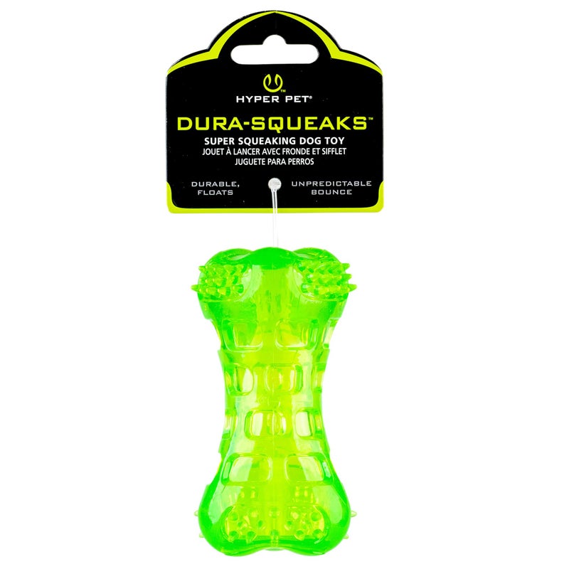 Hyper Pet Dura-Squeaks Super Squeaking Durable Floating Bouncing Dog Chew Toy, Bone, Green, Pack of 1 - Image 1